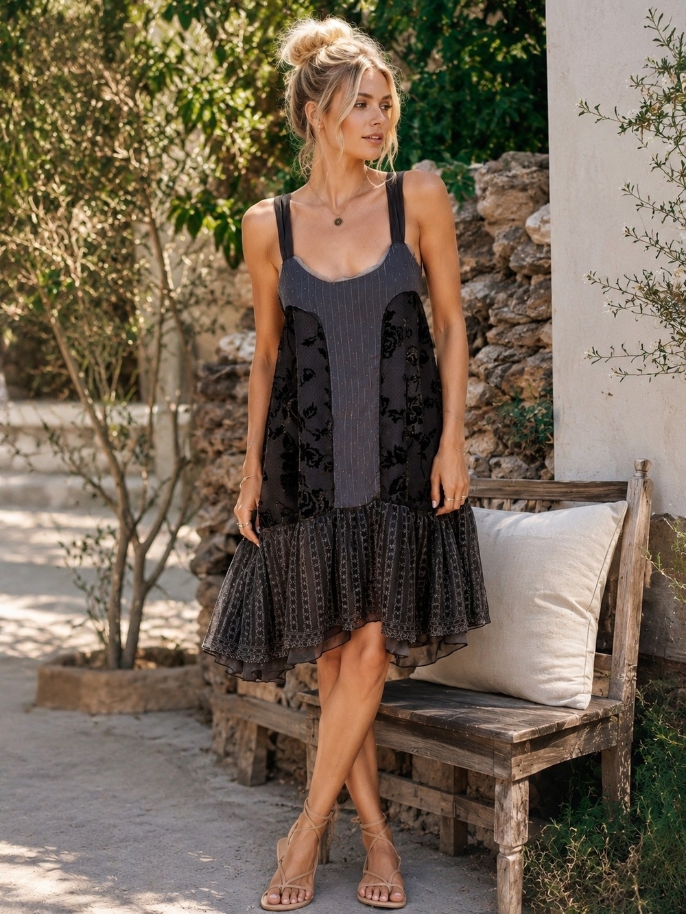 Free People Burnout Lace Mixed Media Slip Dress Charcoal Boho Size 4